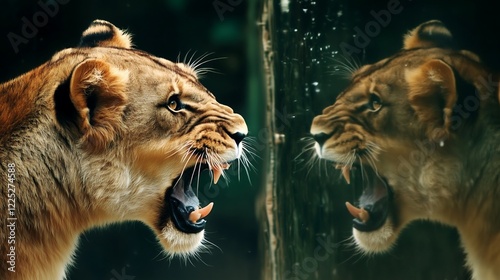 A fierce lioness roaring at her reflection, displaying strength and beauty in a powerful moment.