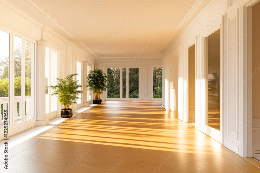 Obraz premium Bright and airy indoor space with large windows and wooden flooring in a modern setting