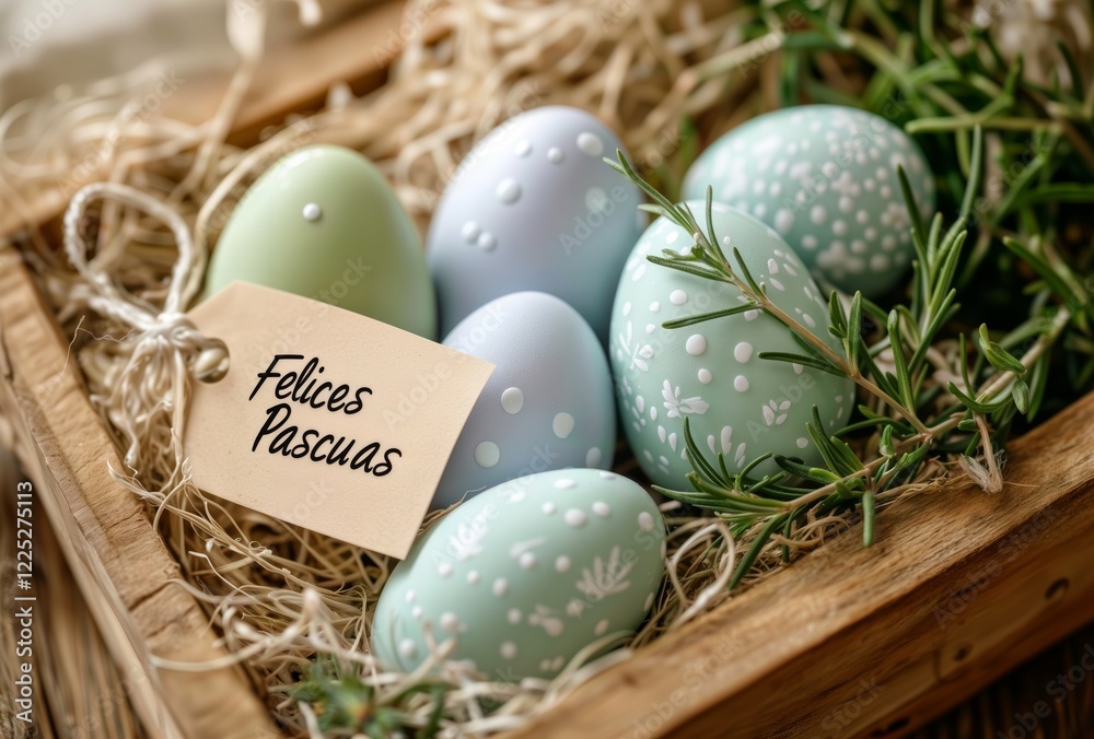 Easter Egg Basket. A beautifully arranged basket of pastel-colored Easter eggs with a