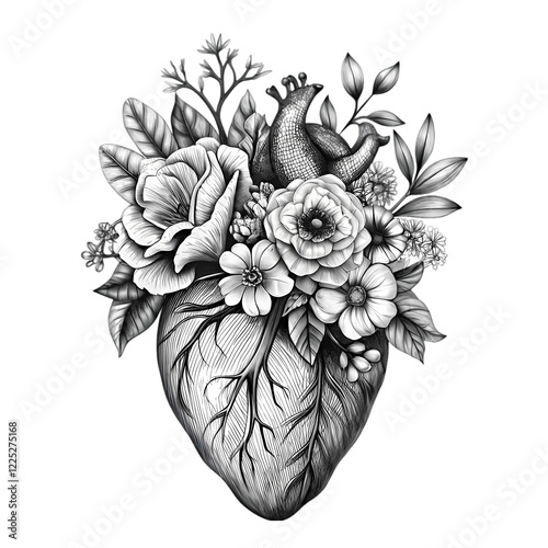 Valentines day card anatomical heart with flowers