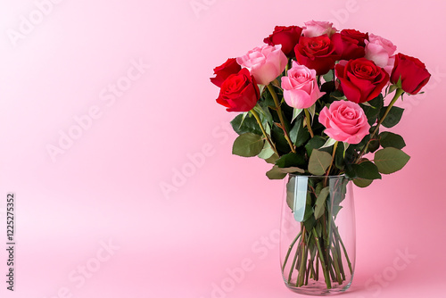 A Vibrant Bouquet of Red and Pink Roses in a Glass Vase - Ideal for Floral Arrangements and Valentine's Day Ads