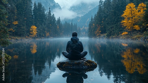 A peaceful man meditating on a rock in the serene lake surrounded by autumn foliage and misty mountains