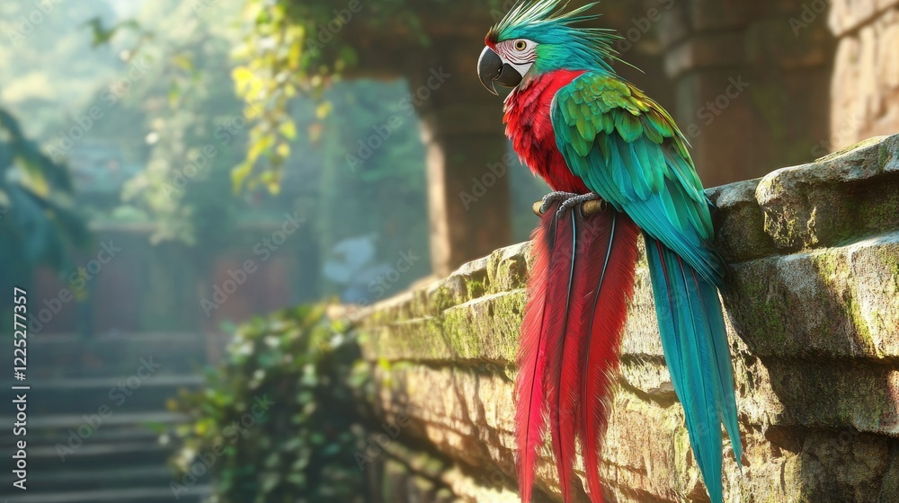 Obraz premium A brightly colored quetzal bird with iridescent green and red plumage perches on a moss-covered stone wall in a misty,