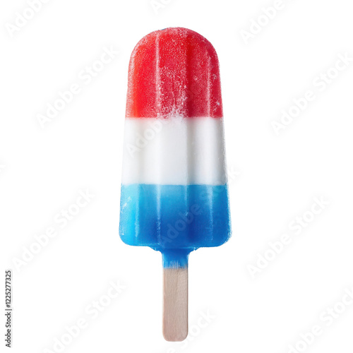 Colorful ice popsicle on a stick with red, white, and blue layers, isolated on white background.