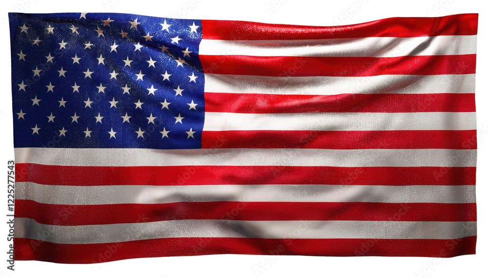 Fototapeta premium American flag waving, fabric texture, isolated on white background.