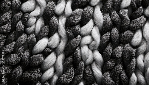 Striking Black and White Boucle Knitted Fluffy Fabric Texture Closeup Detail Showcasing Intricate Patterns and Rough Tactility of a Timeless Design Element, Perfect for Home Decor or Fashion photo