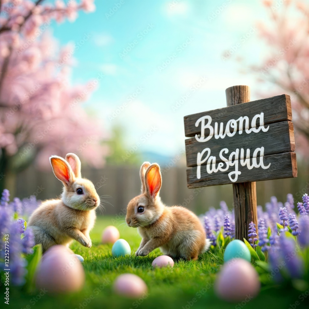 Easter bunnies and eggs. Two bunnies with colorful Easter eggs and a
