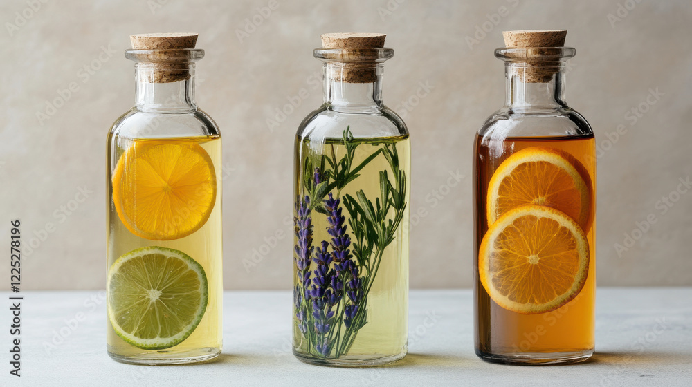 Aromatic glass bottles filled with citrus and herbal oils Aromatic glass bottles filled with citrus and herbal oils