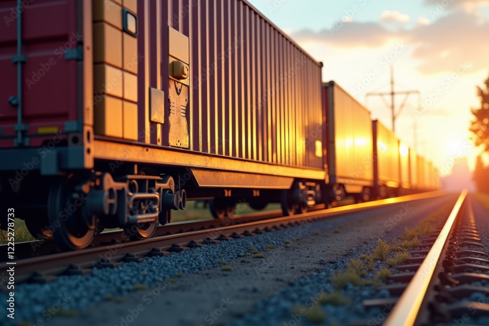 Fototapeta premium A Glimpse of Tranquility: Sunset Illuminates Freight Train Cars Along a Quiet Rural Rail Track Evoking a Sense of Journey and Adventure