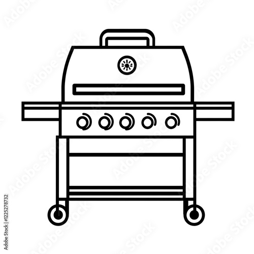 A Shiny Metal Grill Cooking Outdoors on Wheels for Barbecue in the garden. photo