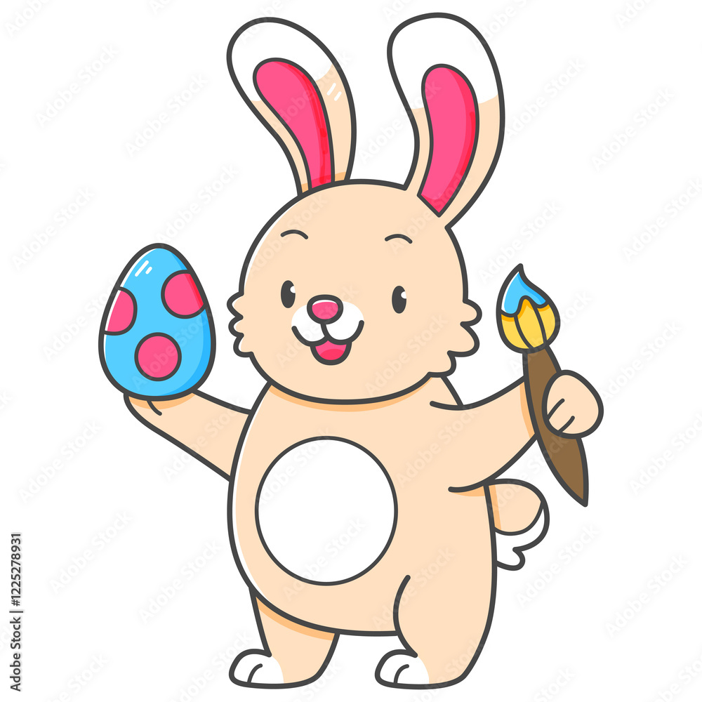 Fototapeta premium Cute Easter bunny with Easter egg and paint brush in cartoon style. isolated on white illustration.