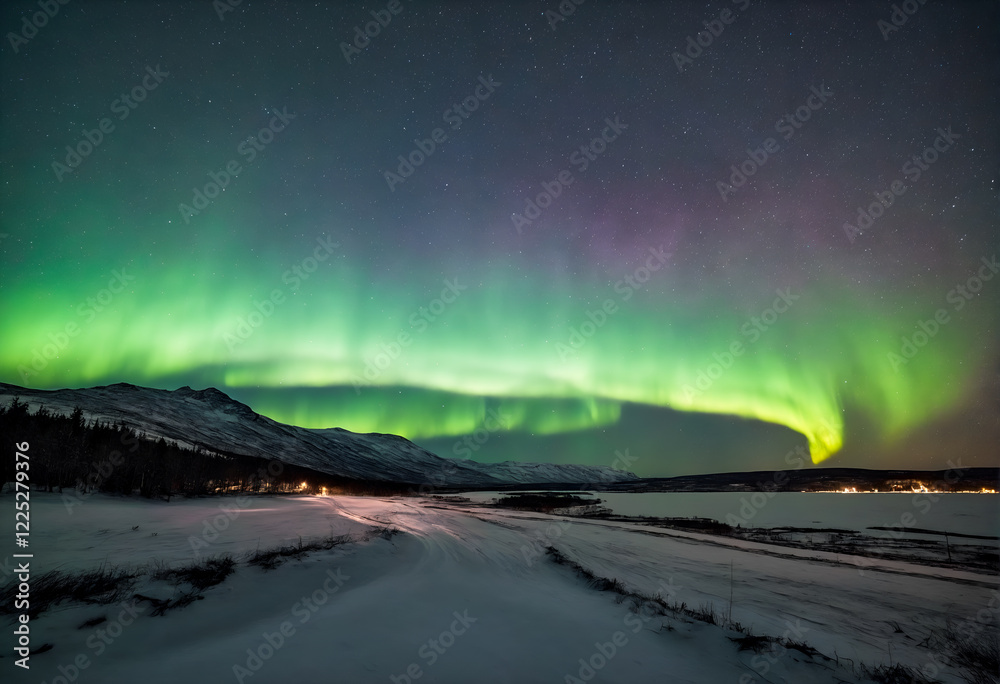 Fototapeta premium Green aurora Borealis over landscape