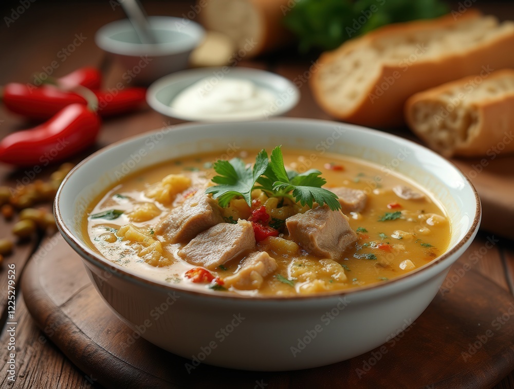 Delicious ciorb de burt served in a rustic setting with fresh ingredients Delicious ciorb de burt served in a rustic setting with fresh ingredients