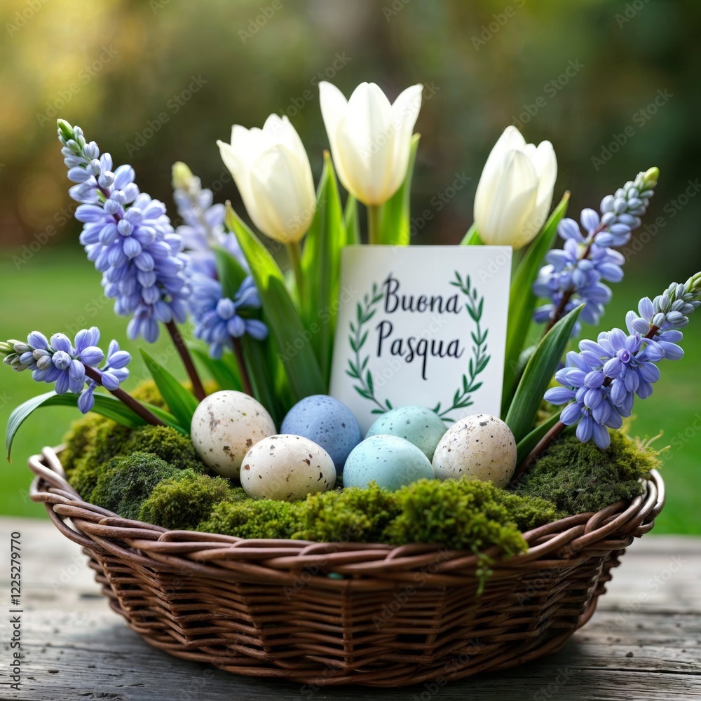 Easter basket with flowers. A wicker basket filled with colorful speckled eggs, white tulips, and purple hyacinths, with a