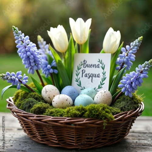 Easter basket with flowers. A wicker basket filled with colorful speckled eggs, white tulips, and purple hyacinths, with a 