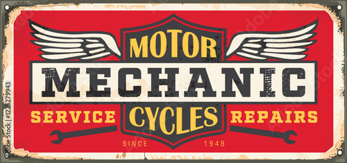 Motorbikes mechanic retro old sign vector template. Motorcycles service typography design on vintage red metal background.