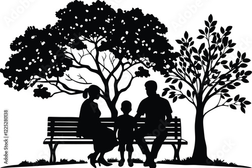 silhouette of a family sitting on a park bench