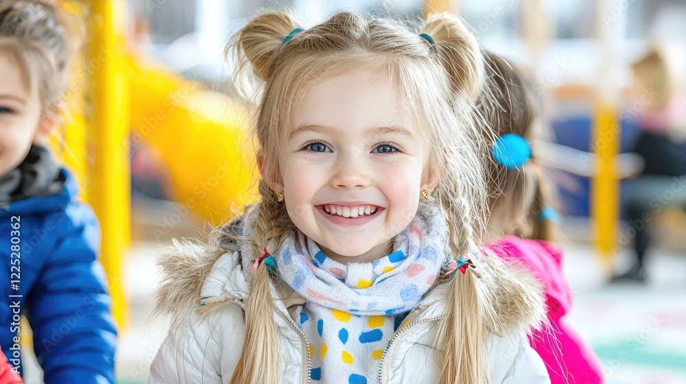 Happy girl smiling at playground, winter fun, kids playing Happy girl smiling at playground, winter fun, kids playing