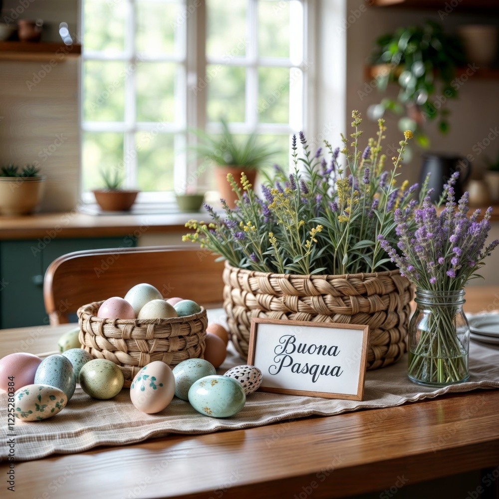 Easter table decor. Rustic kitchen table with lavender, pastel Easter eggs, and a