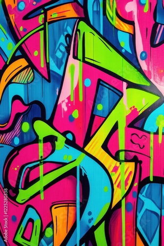 Colorful graffiti art on urban wall depicting vibrant patterns and shapes, showcasing street culture, creativity, and modern artistic expression for contemporary decor.