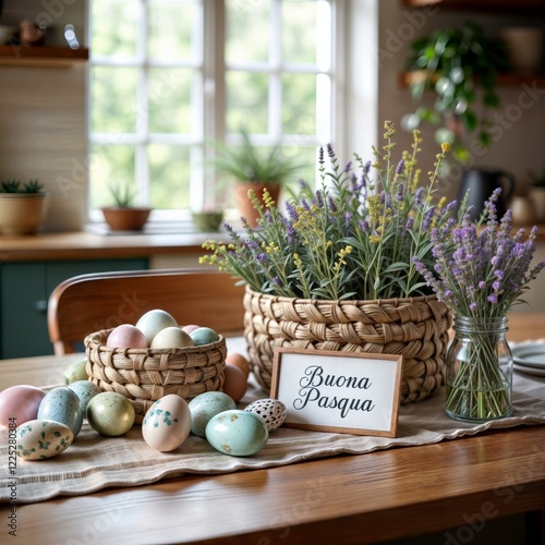 Obraz na płótnie Easter table decor. Rustic kitchen table with lavender, pastel Easter eggs, and a