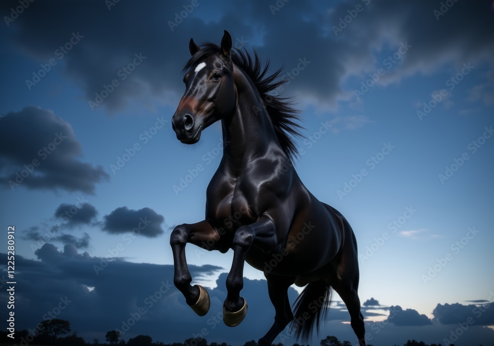 Naklejka premium majestic black horse gallops across a field, its powerful muscles and flowing mane creating a sense of energy and freedom