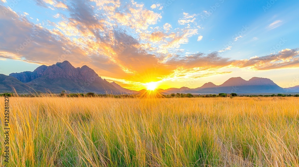 Sunset over golden savanna grassland and mountains Sunset over golden savanna grassland and mountains