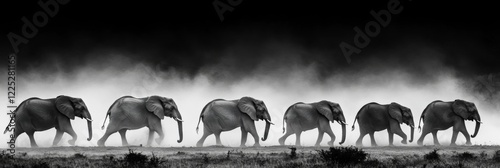 Monochromatic Image of a Herd of African Elephants Walking in Formation on a Dusty Plain