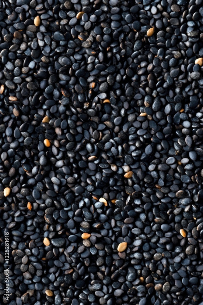 A close-up view of a pile of dark-colored seeds. A close-up view of a pile of dark-colored seeds.
