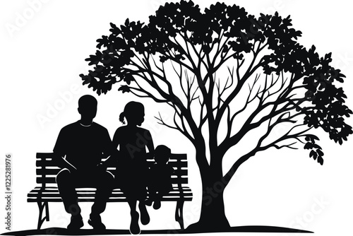 Family Silhouettes on a Park Bench under tree Silhouette