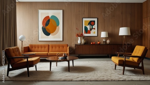 Retro 1960s interior design poster with iconic mid-century furniture and decor photo