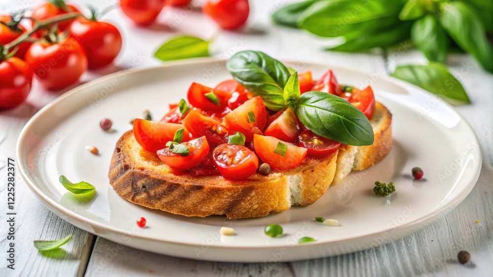 A delicious bruschetta topped with fresh tomatoes, basil, and a hint of seasoning, served on a simple white plate A delicious bruschetta topped with fresh tomatoes, basil, and a hint of seasoning, served on a simple white plate
