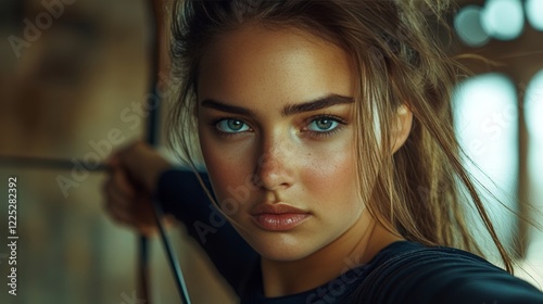 Focused female with intense blue eyes and a determined expression, posing with a blurred background.