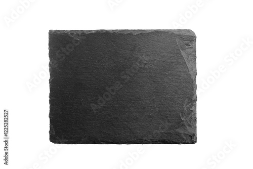 Black slate serving board with a natural rough texture and uneven edges, isolated on a white background. Ideal for food presentation or rustic decor