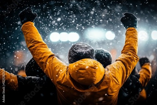 A team celebrating their victory on a sports field, hugging and cheering as confetti rains down around them photo