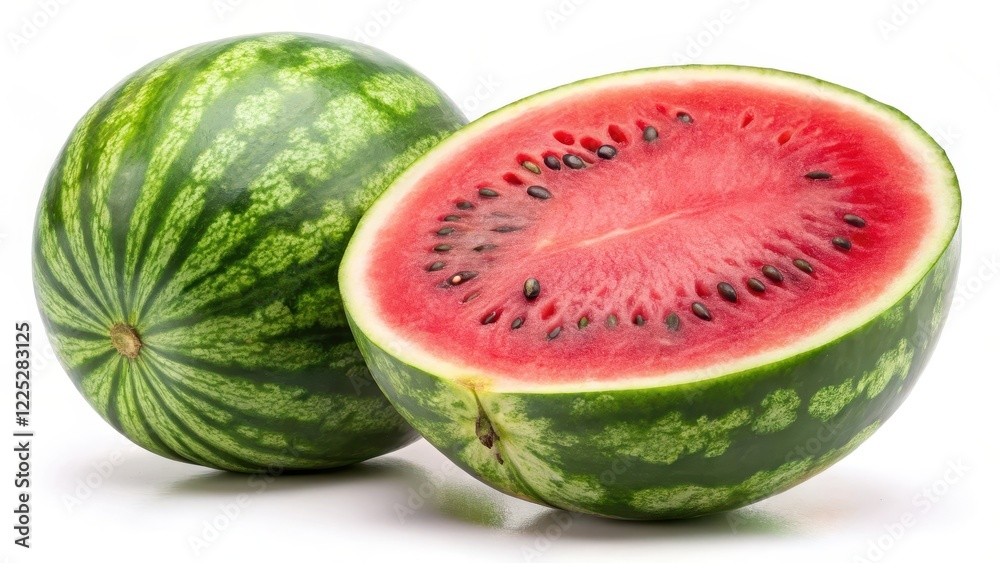 A juicy and ripe watermelon cut in half on a clean white background, with seeds and green rind visible, watermelon A juicy and ripe watermelon cut in half on a clean white background, with seeds and green rind visible, watermelon