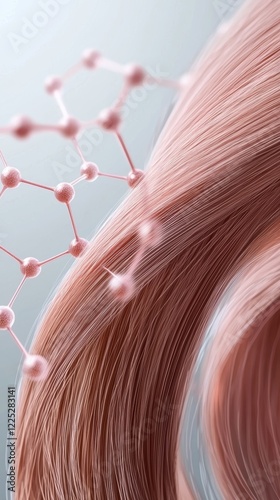 A detailed close-up of hair strands being treated with active ingredients, with glowing molecules repairing the cuticle surface.