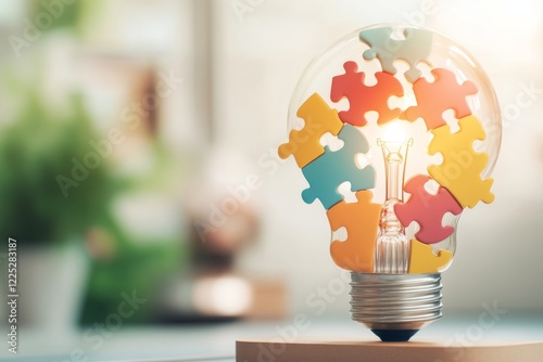 A vibrant 3D depiction of puzzle pieces coming together to form a lightbulb, symbolizing the idea of applicability in problem-solving photo