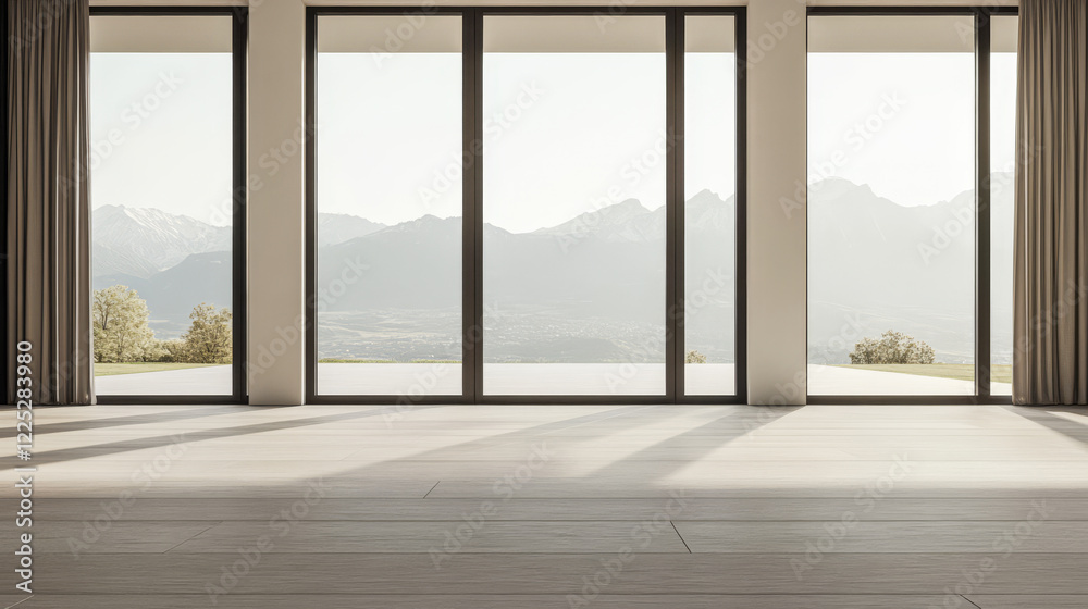 Fototapeta premium Spacious modern interior with large windows showcasing mountain views in the late afternoon