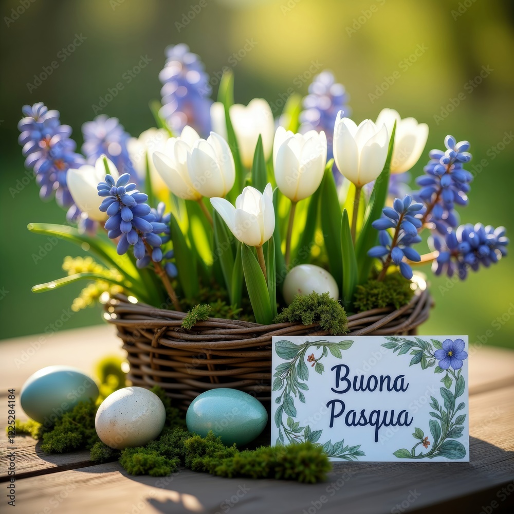 Easter floral arrangement. A wicker basket filled with white tulips and blue hyacinths, surrounded by colorful Easter eggs and a card that reads
