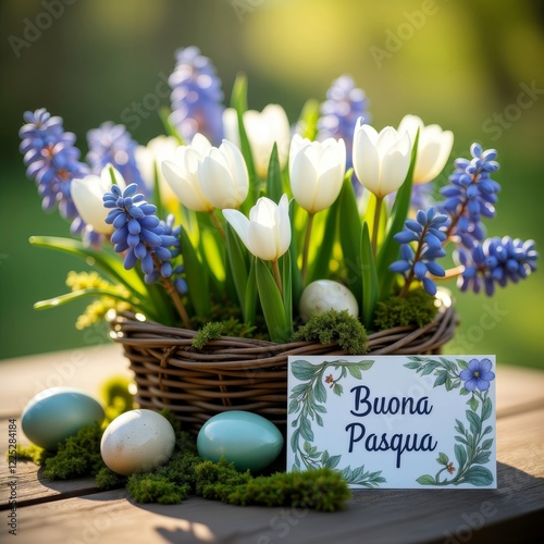 Obraz na płótnie Easter floral arrangement. A wicker basket filled with white tulips and blue hyacinths, surrounded by colorful Easter eggs and a card that reads