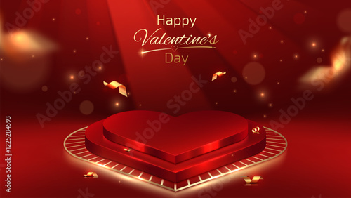 Red heart-shaped blank promotional stand decorated with gold ribbon and glowing bokeh effect, elegant red background suitable for Valentine's Day product advertising.