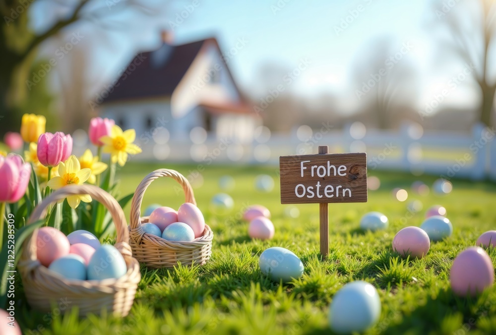 Easter egg hunt scene. A spring scene with easter eggs scattered on a green lawn, baskets of eggs, flowers, a house in the background, and a sign saying