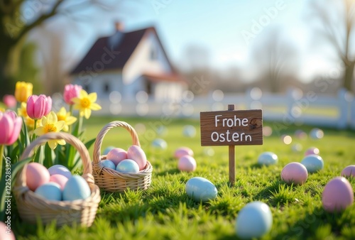 Obraz na płótnie Easter egg hunt scene. A spring scene with easter eggs scattered on a green lawn, baskets of eggs, flowers, a house in the background, and a sign saying
