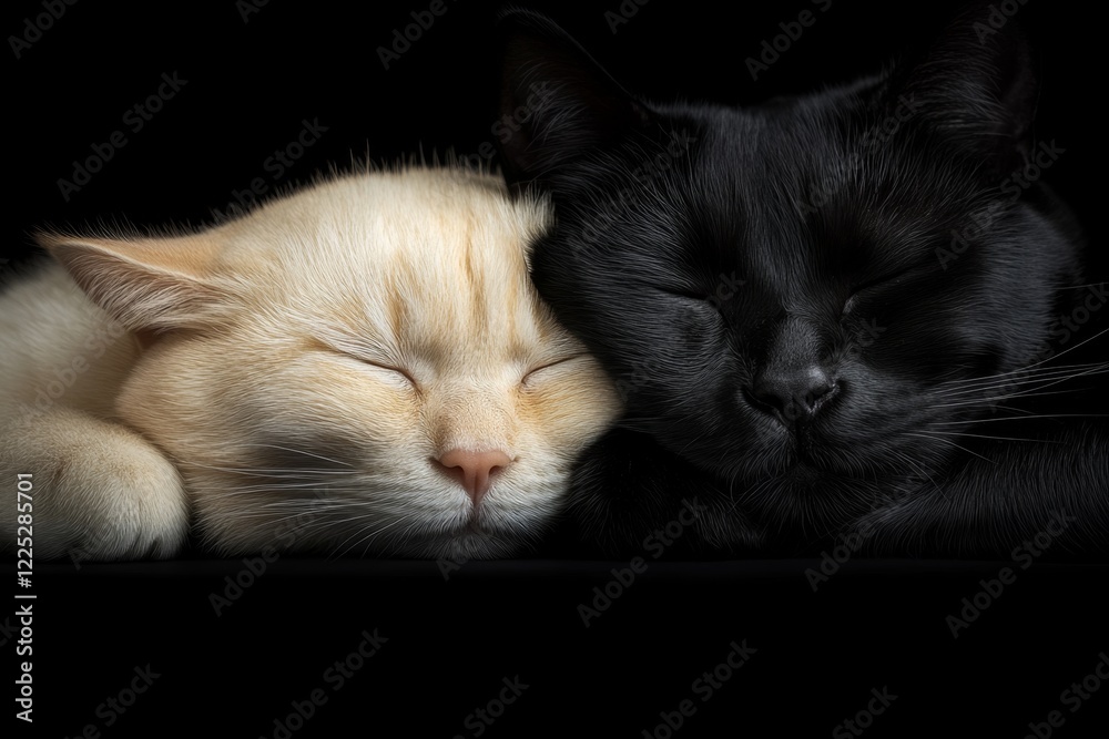 Obraz premium Two pets snuggled together, one with light fur and the other with dark, creating a visual balance of complementary tones