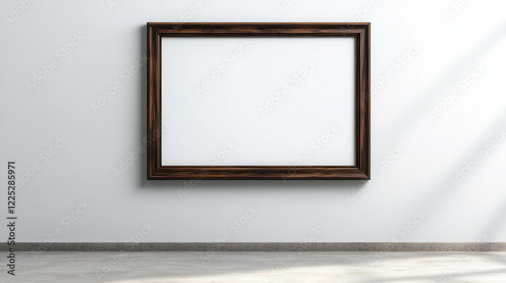 Elegant Empty Wooden Frame with Dark Finish Hanging on a Minimalistic Wall Elegant Empty Wooden Frame with Dark Finish Hanging on a Minimalistic Wall