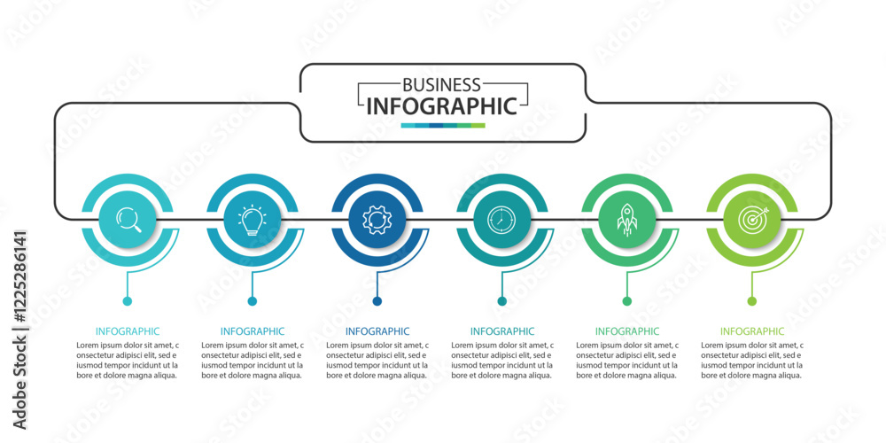 Business infographic template. 6 Step timeline journey. Process diagram, Infographic elements vector illustration.	