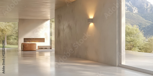 Modern interior design featuring open space and mountain view in bright natural light