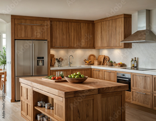 Kitchen layout photography with a wooden kitchen island, kitchen counter and some other convenient kitchen interior in morning. Photo for product displaying or design key visual layout