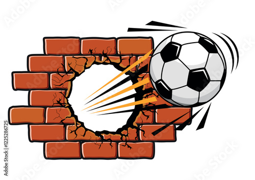 Football soccer ball breaking the brick wall. Vector sporting template on transparent background
